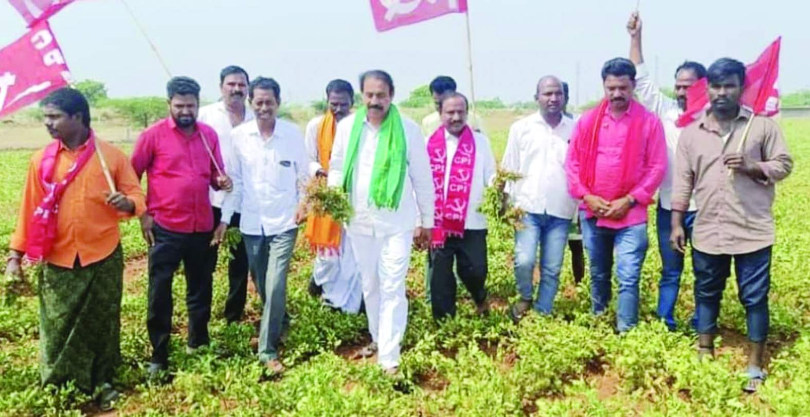 ఆలూరులో ఎండిపోయిన వేరుశనగ పంటను పరిశీలిస్తున్న రామకృష్ణ